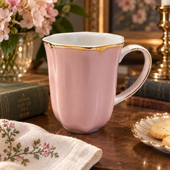 Monterey Bay Fine China Other - Monterey Bay Pink Fine Porcelain Mug Gold Trim Scalloped Rim 4.5"
